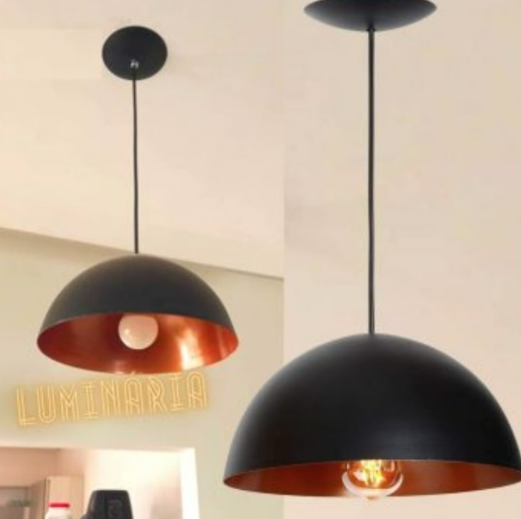 Combo Kit com 2 Pendentes Ônix Meia Esfera Preto E Cobre Alumínio 30Cm Luminária Lustre
