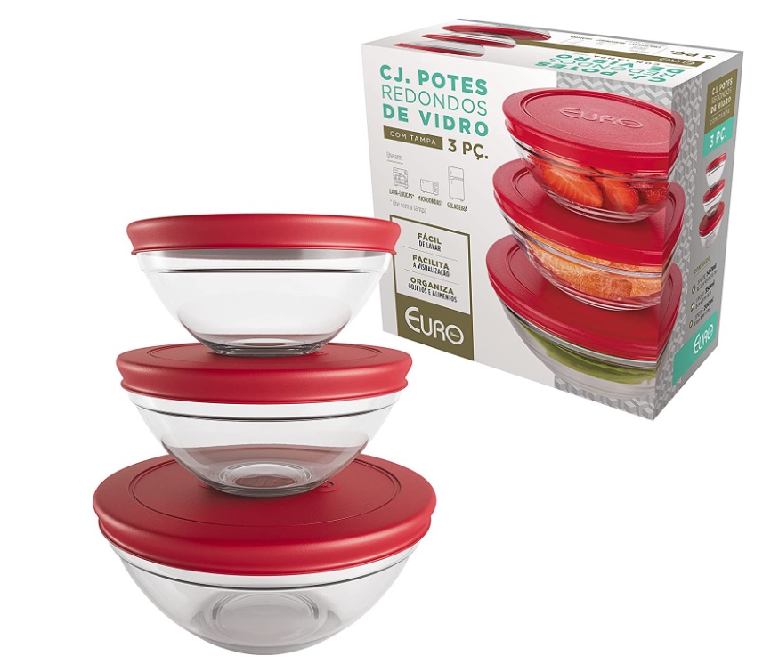 Conjunto com 3 Potes de Vidro Redondos com Tampa Plástica vermelha, VDR7093-VM, Euro Home