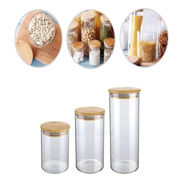 Conjunto com 3 Potes de Vidro transparente Slim com tampa Bambu, VDR6804-3, Euro Home