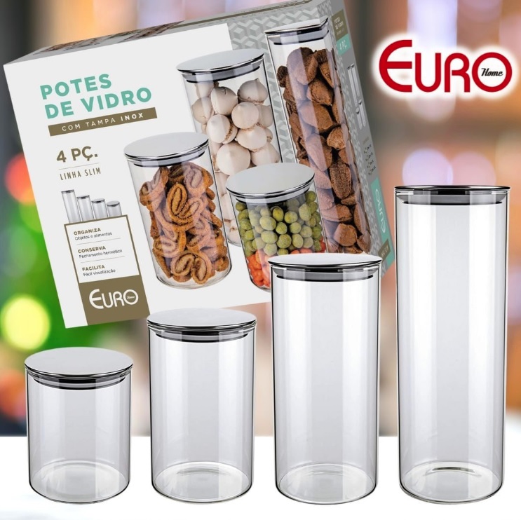 Conjunto com 4 Potes de Vidro transparente Slim com tampa Inox, VDR6866-4, Euro Home