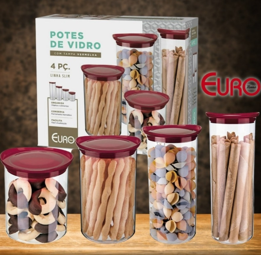 Conjunto com 4 Potes de Vidro transparente Slim com tampa plástica, VDR6989-4, Euro Home