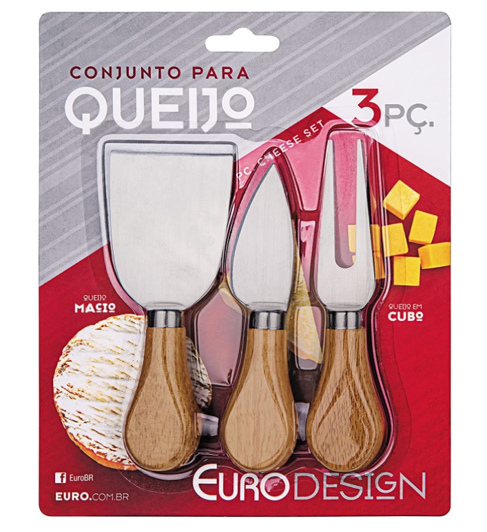 Conjunto para Queijo 3 Peças cabo de madeira, QUE5555, Euro Home