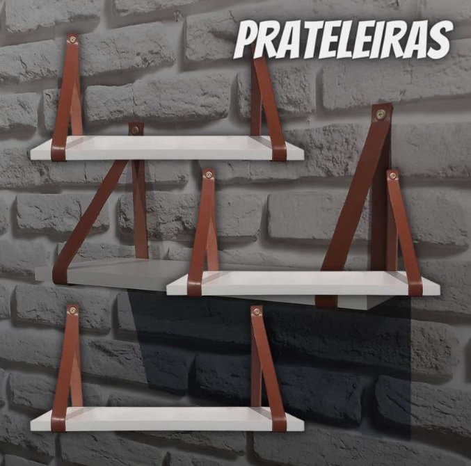 Kit 3 Prateleiras Branca em MDF 60x15cm com alça Caramelo para sala cozinha banheiro quarto