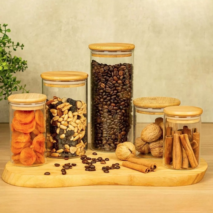 Kit 5 Potes de Vidro Hermético com Tampa de Bambu para Mesa – Oikos