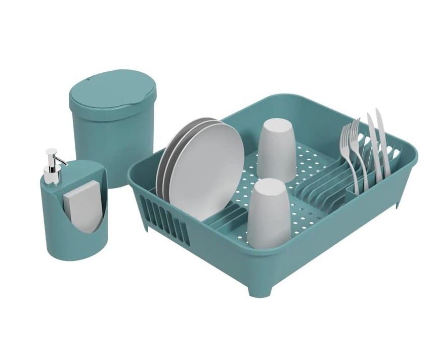 Kit Escorredor + Lixeira + Dispenser, Azul Baltic, Coza