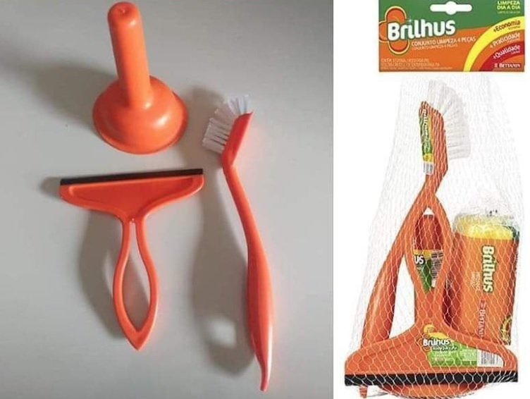 Kit de Limpeza com 4 Peças (Esponja Protege Unhas, Rodo Para Pia, Escova Cantos e Desentupidor Para Pia), Brilhus