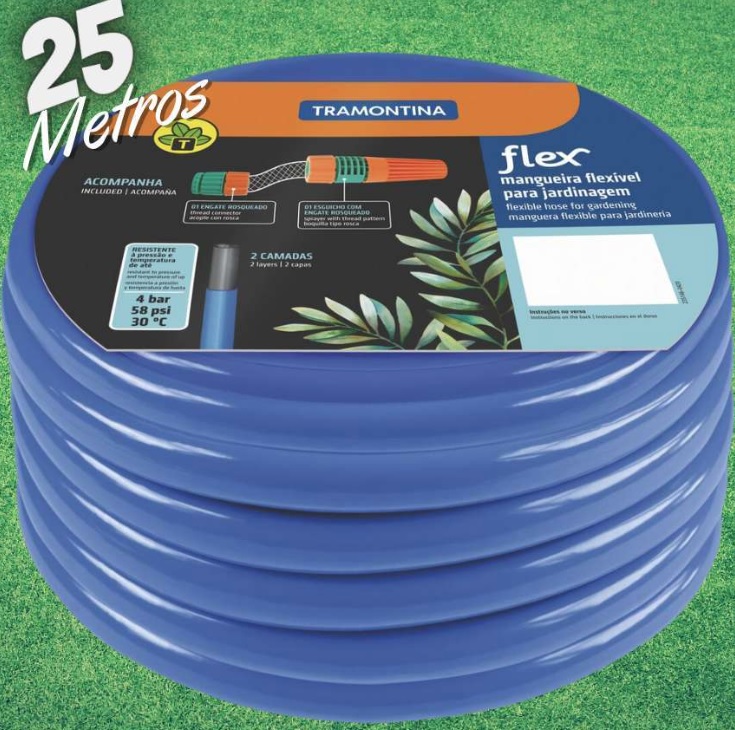 Mangueira Flex Azul em PVC 2 Camadas para jardim 25 m com engate rosqueado e esguicho – Tramontina