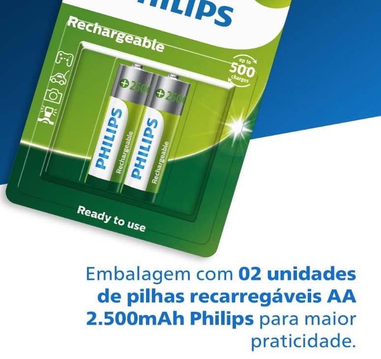 Pilha Philips recarregável AA 1.2V 2.500mAh com 2 unidades R6B2RTU25/59