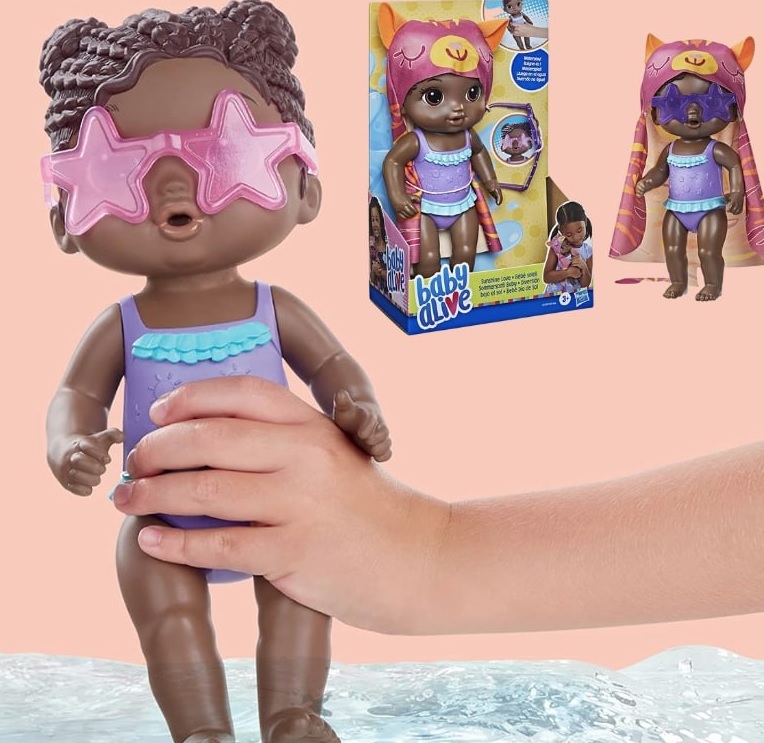 Baby Alive Bebe Dia de Sol Negra – Boneca de 25 cm, com Acessórios para Brincar na Água – F2570 – Hasbro, Roxo, azul, rosa e amarelo