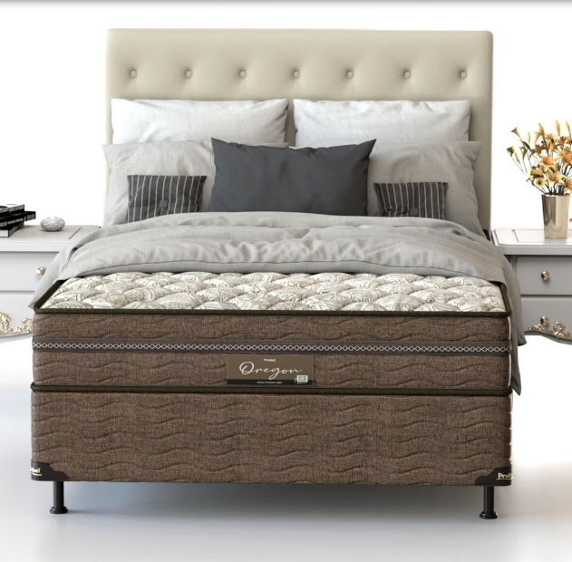 Cama Box Casal Probel Óregon com Euro Pillow e Molas Prolastic 62x138x188 cm – Bege/Marrom