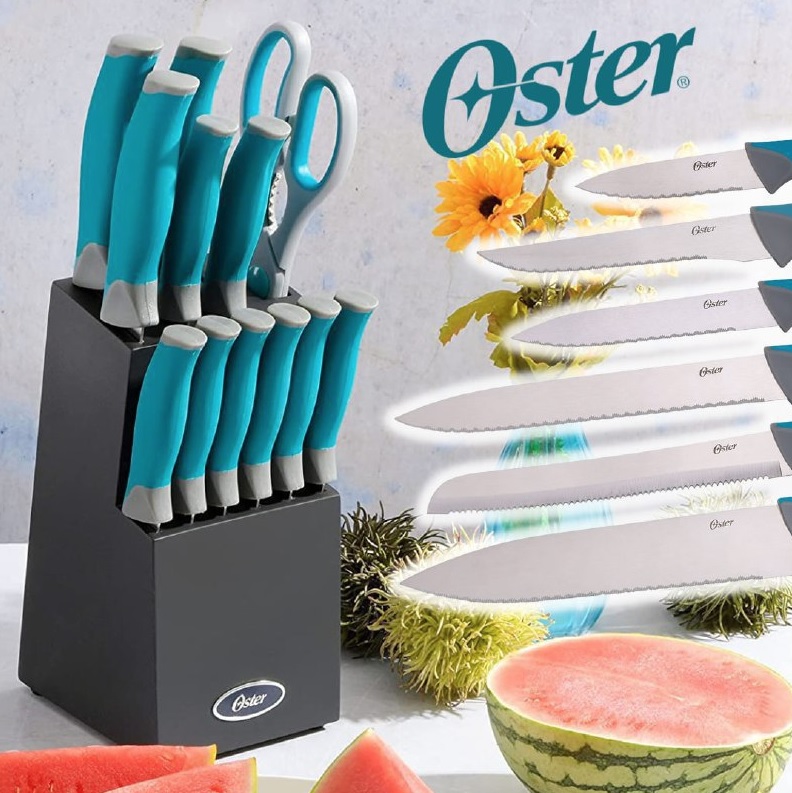 Oster Conjunto de facas Lindbergh, aço inoxidável, 14 peças, azul-petróleo e preto