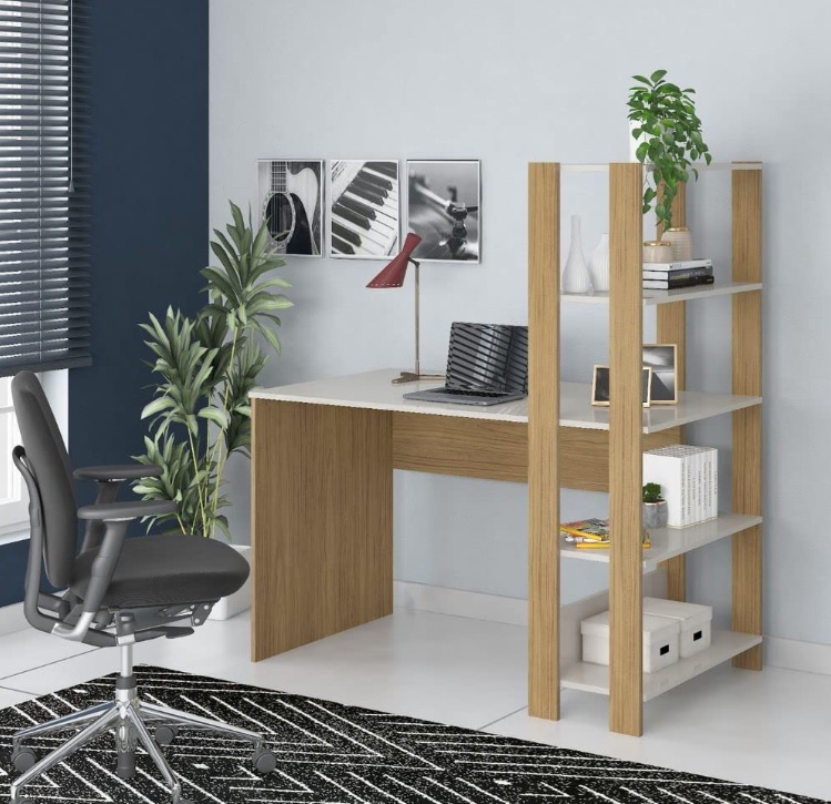Escrivaninha com Estante Lateral MATCH cor Off White/Carvalho – Artely