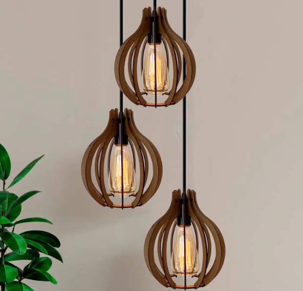 Kit 3 Lustre Pendente Luminária De Madeira Marrom Imbuia E27