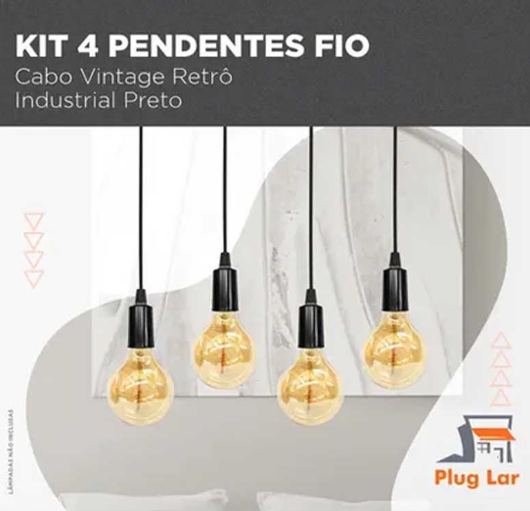 Kit 4 Pendente Fio Cabo Vintage Retrô Industrial Preto – Plug Lar