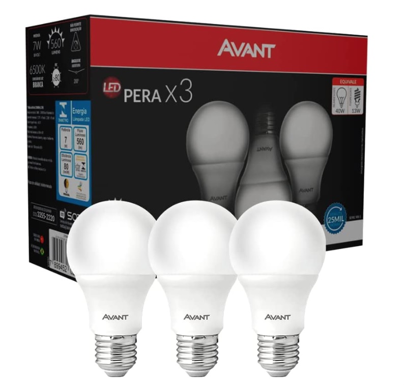 Kit Lâmpada Pera LED, 3 unidades, 7W, Luz branca 6500K, soquete E27, Bivolt, Avant