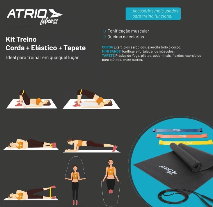 Kit Treino com Corda + Elástico + Tapete Atrio – ES357, Multicor