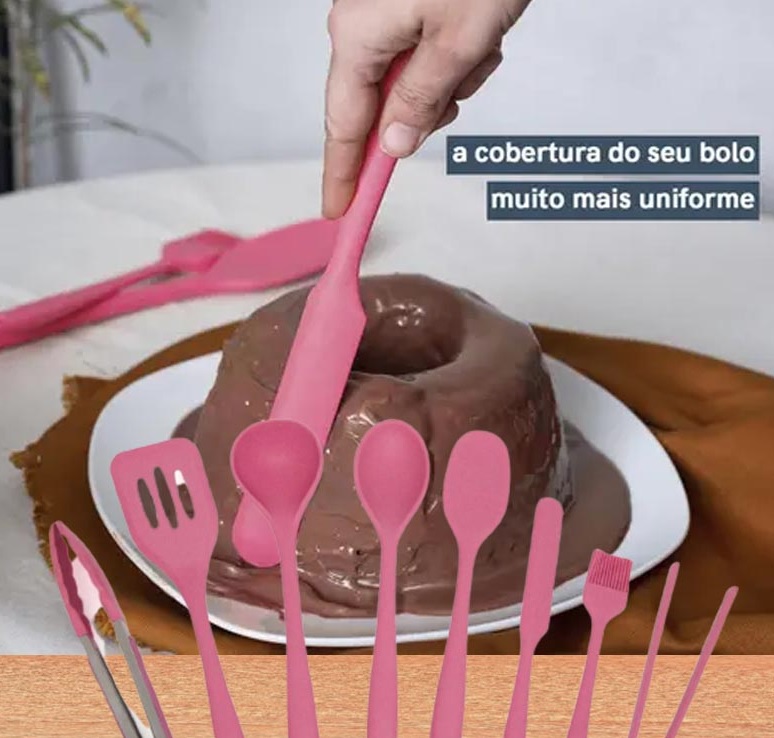 Kit de Utensílios de Silicone com 8 peças Rosa – OIKOS