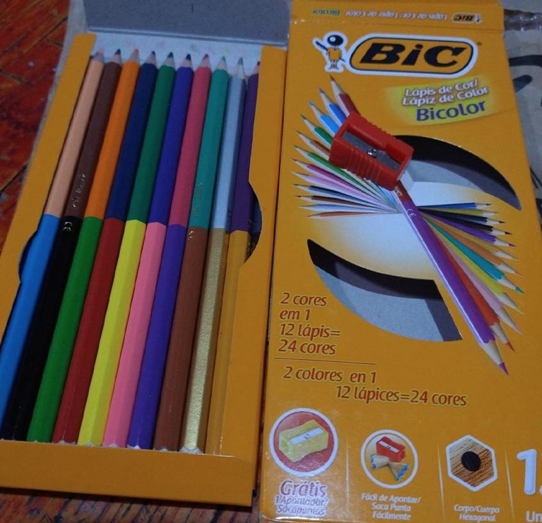 Lápis de Cor Sextavado Bicolor BIC, 7422104, 12 Lápis/24 Cores Vibrantes + 1 Apontador, Aponta Fácil