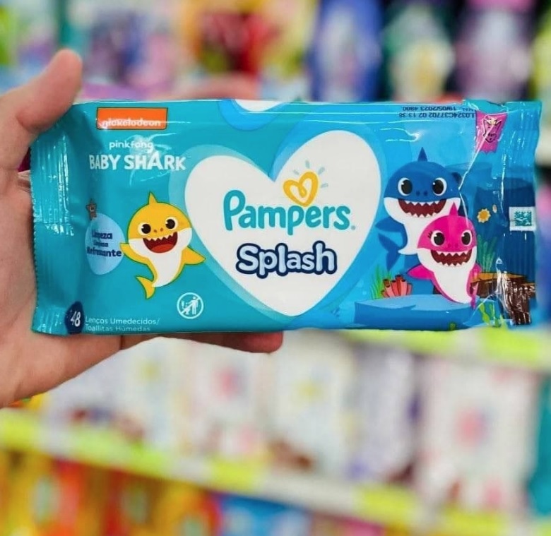 Lenços Umedecidos Pampers Splashers Baby Shark 48 Unidades