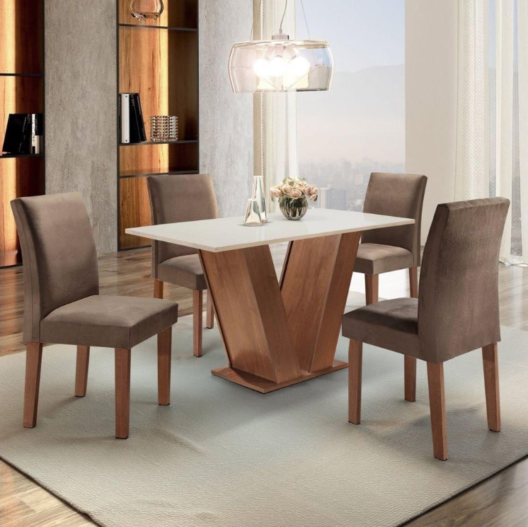 Mesa Sala de Jantar com 4 Cadeiras Tampo MDF Espanha Yescasa Chocolate/Suede Marrom