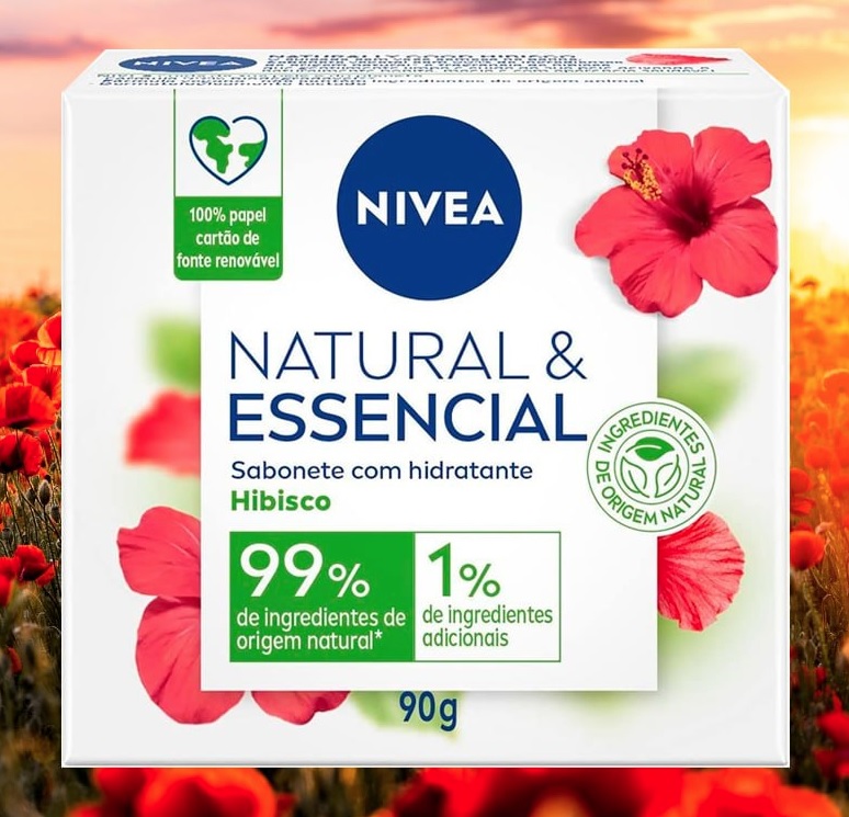 NIVEA Sabonete em Barra Natural e Essencial Hibisco – Limpa e cuida da sua pele, fórmula vegana, 99% de ingredientes naturais, hidratante, fragrância de hibisco, embalagem de fonte renovável – 90g
