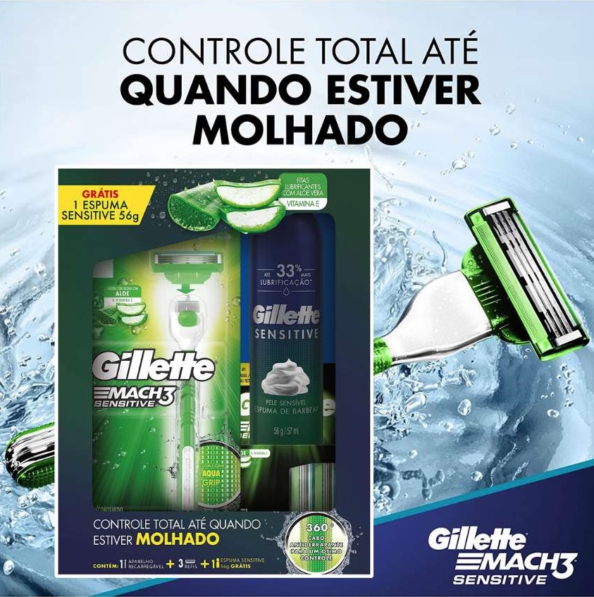 Aparelho de Barbear Mach3 Sensitive 1 Unidade + Refis Para Barbear Mach3 Sensitive 3 Unidades + Espuma