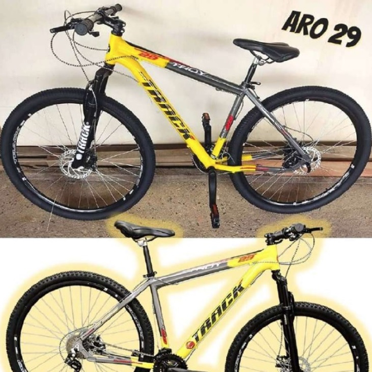 Bicicleta Aro 29 Troy Grafite e Amarela 21v 17,5″ Alumínio Suspensão Dianteira, Track Bikes
