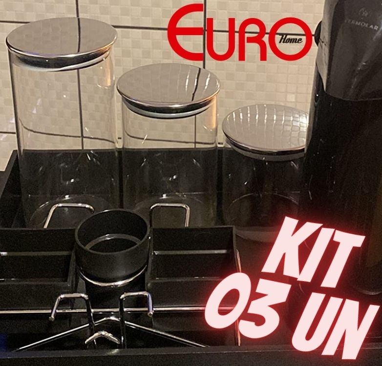 Conjunto com 3 Potes de Vidro transparente Slim com tampa Inox, VDR6866-3, Euro Home