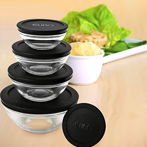 Euro Home VDR7090-PT – Conjunto com 5 potes de Vidro Redondos com Tampa Plástica, Preta