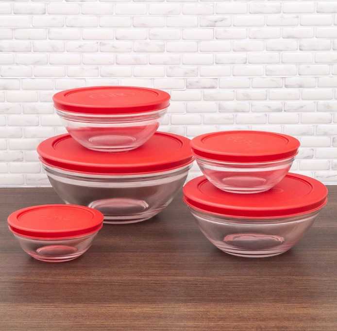 Conjunto de Potes de Vidro Redondos com Tampa Plástica 5 Peças Euro Vermelho