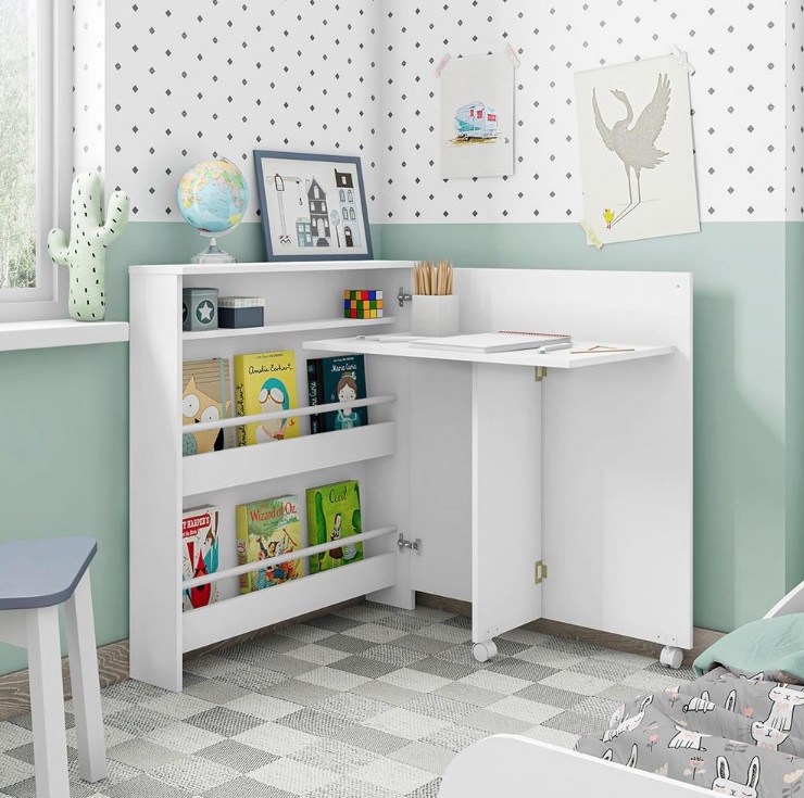 Escrivaninha Dobrável Móveis Estrela Multifuncional com 1 Porta e 3 Prateleiras – Branca