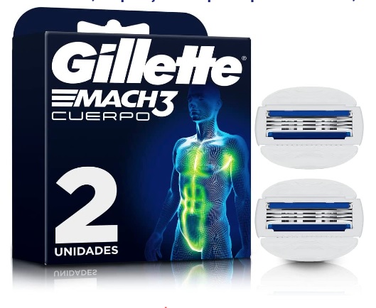 Gillette Mach3 Corpo Carga para Aparelho de Barbear com Barras de Gel Umectantes, Depilação Corporal para Homens, 2 Uds