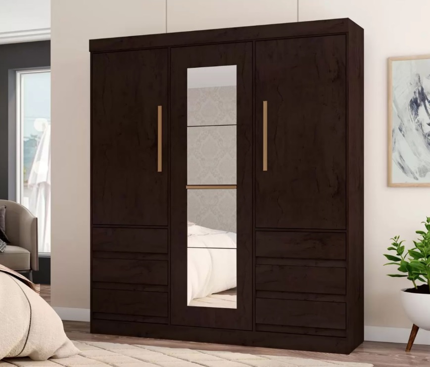 Guarda-roupa Casal com Espelho 3 Portas – 6 Gavetas Araplac Miami