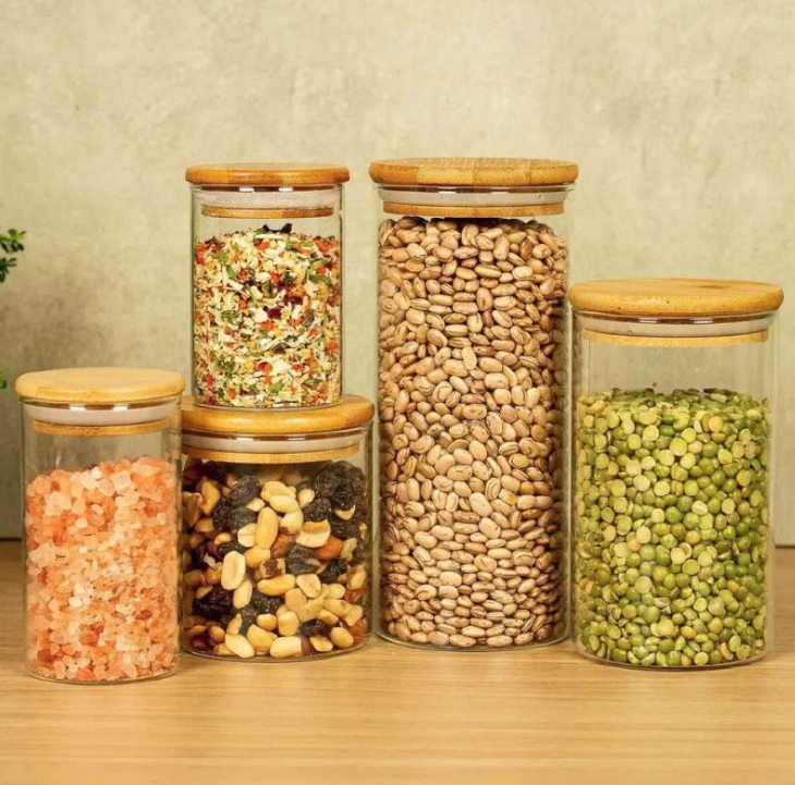 Potes de Vidro P/ Mantimentos C/ Tampa Bambu Oikos – 5 Pçs