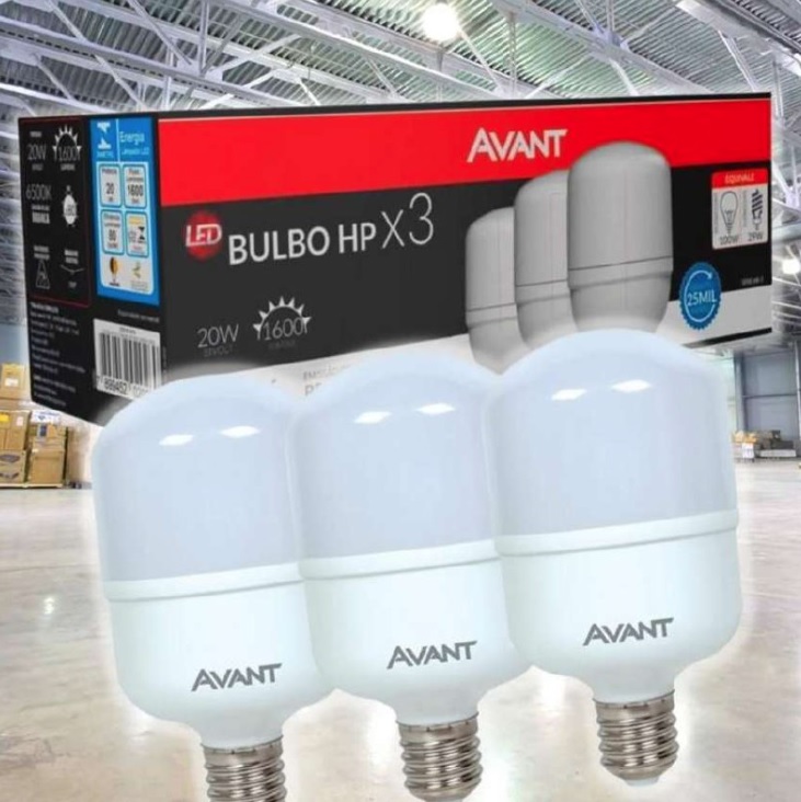 Kit Lâmpada Bulbo HP LED, 3 unidades, 20W, Luz branca 6500K, soquete E27, Bivolt, Avant