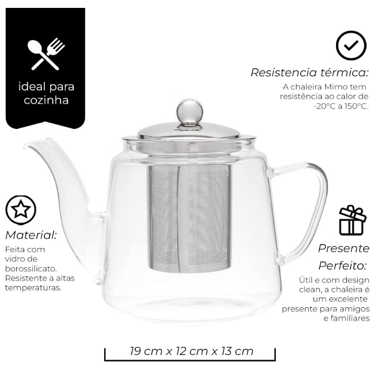 Mimo Style Bule Vidro Borossilicato com Infusor de Aço Inoxidável para Chá