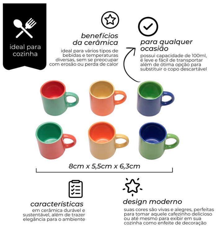 Mini Canecas Bicolor para Café 6 Peças Mimo Style Multicor