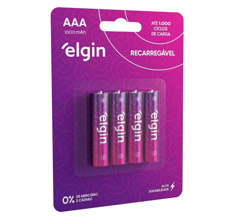 Pilha Recarregável AAA Blister Com 4 Pilhas, Elgin, Baterias, 1000mAh