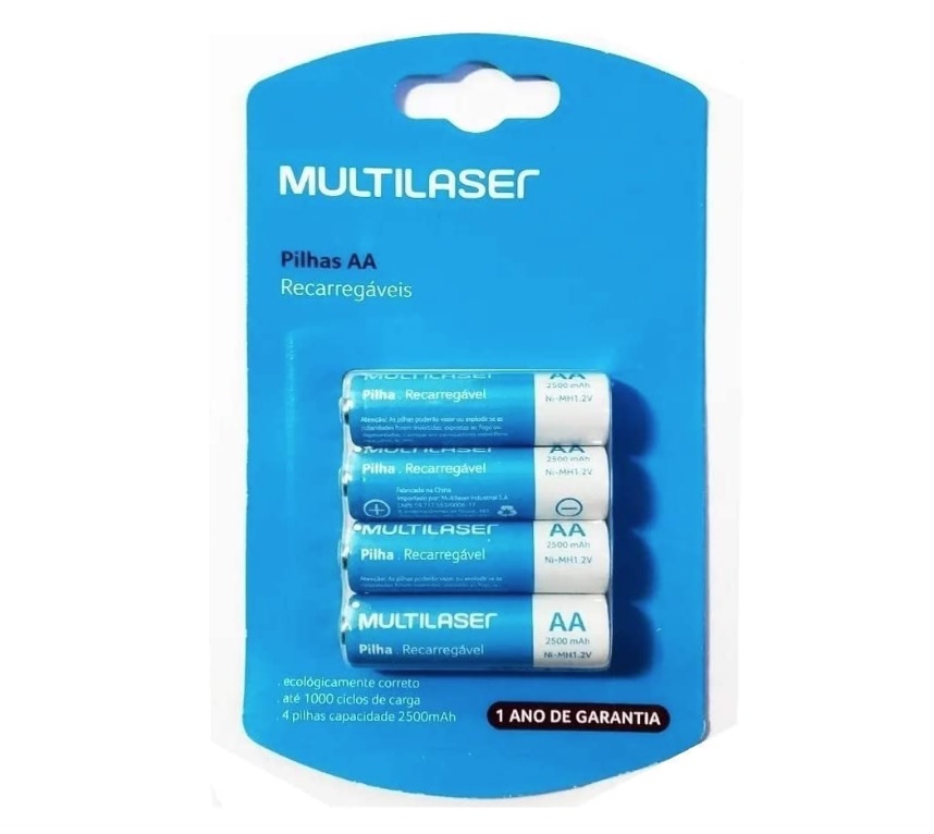 Pilhas Recarregáveis AA Multilaser 2500Mah Com 4 Unidades – CB052, Multicor