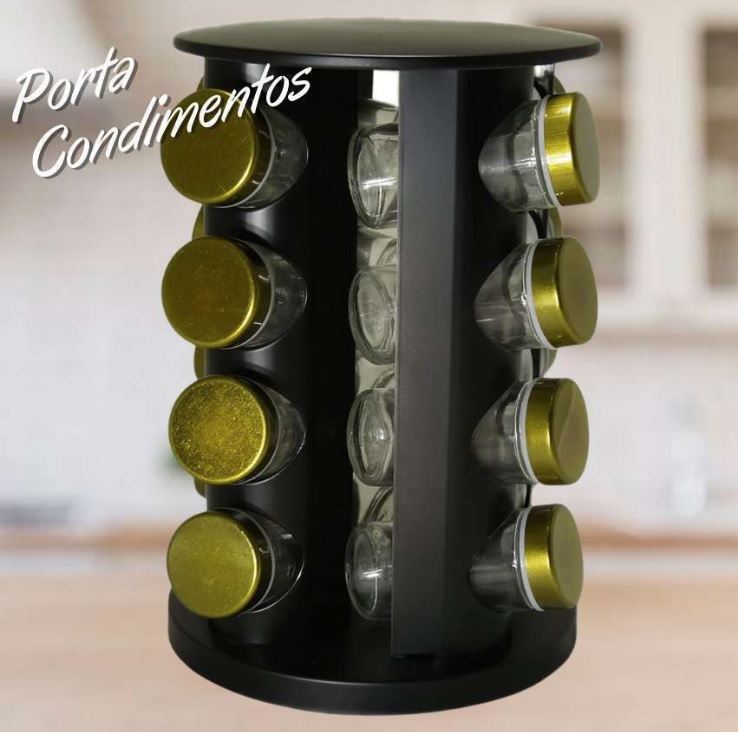 Porta Condimentos Temperos Giratório Inox 16 Potes (Preto com Dourado)