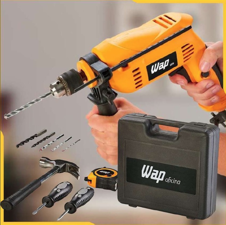 Furadeira Elétrica de Impacto WAP EFI 600K10 600W Mandril 3/8” 220V Maleta e Acessórios Trena Chaves Martelo Brocas, Amarelo com Preto