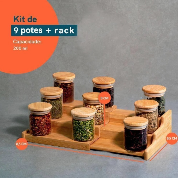 Kit 9 potes 200ml tampa bambu e rack organizador bambu Oikos