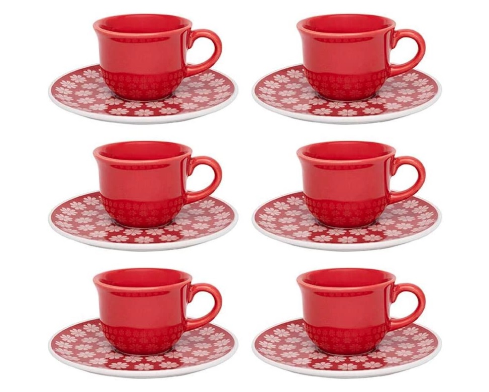 Conjunto com 6 Xícaras de Cafezinho Oxford Daily Floreal Renda Branco/Vermelho 65Ml