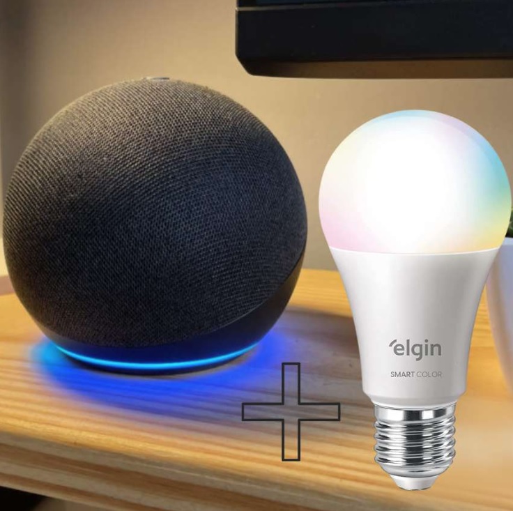 Echo Dot (4ª Geração): Smart Speaker com Alexa – Cor Preta + Lâmpada Inteligente Elgin