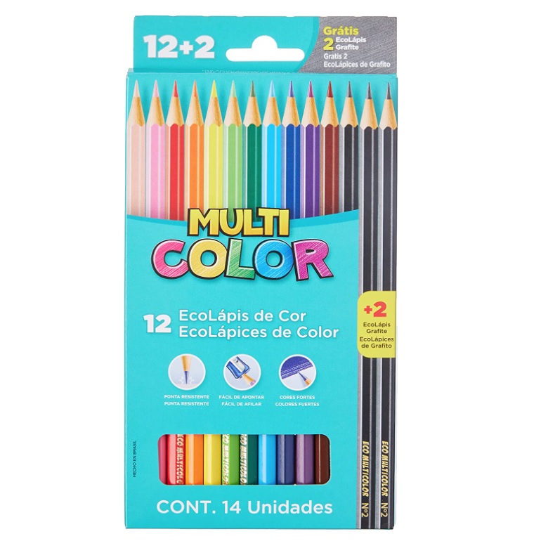 Ecolapis cor, Faber-Castell, multicolor super, 11.1200N+2G, 12 cores + 2 lapis, 14 unidades, Multicor