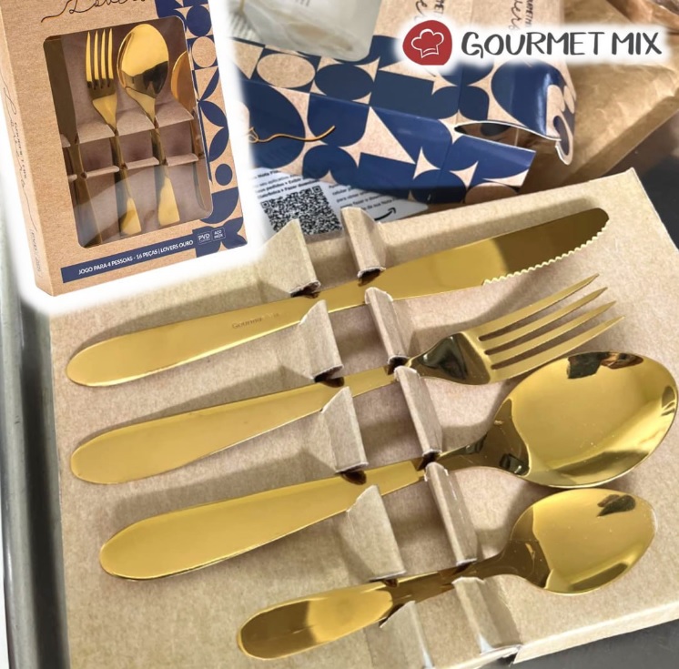 Faqueiro Dourado Lovers Aço Inox 16 Peças Gourmet Mix