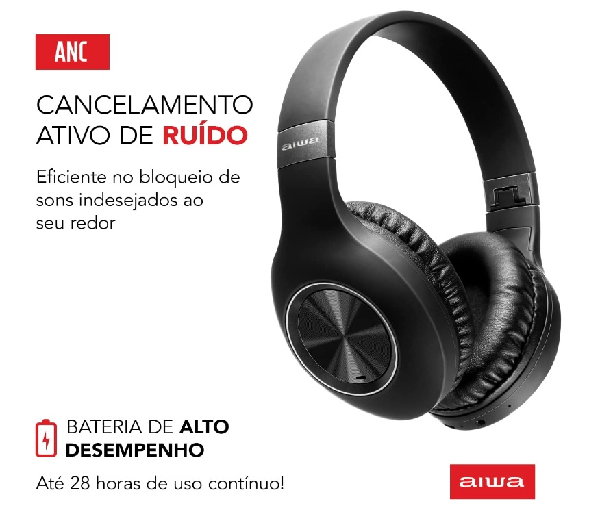 Fone de Ouvido Headphone AIWA Bluetooth, ANC – Cancelamento de ruído, dobrável – AWS-HP-02-B