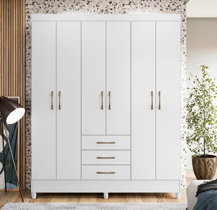 Guarda-Roupa Moval New Olímpia com 6 Portas, 3 Gavetas, 4 Prateleiras e Cabideiro
