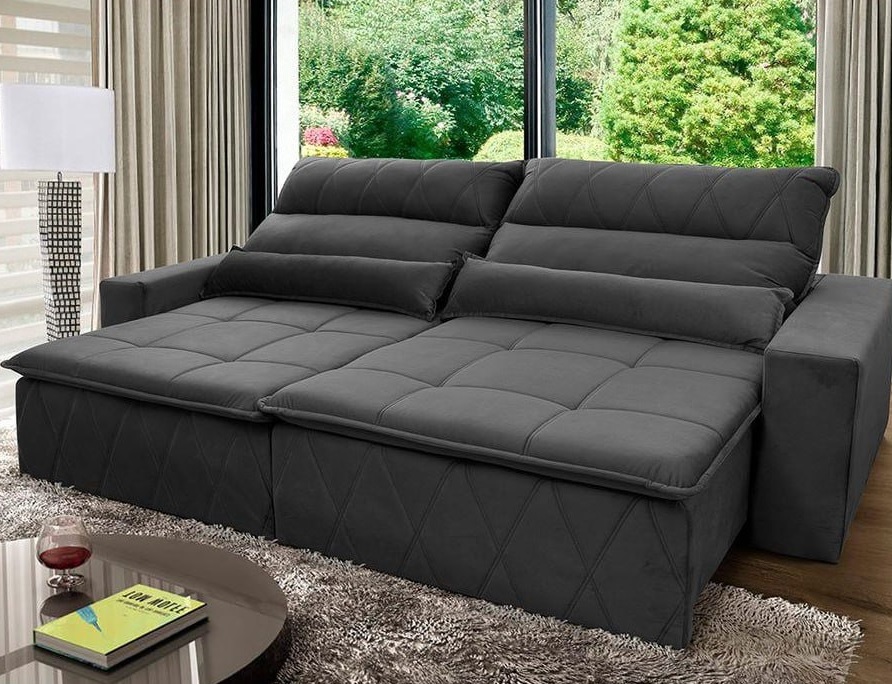 Sofá Retrátil/Reclinável Amsterdam 2,50m Suede Velut Cinza c/ Molas no Assento – King House