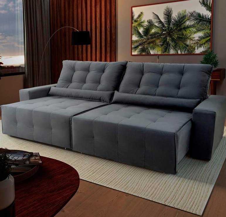 Sofá Retrátil Reclinável Montebello 2,10m Suede Velut Cinza c/ Molas no Assento – King House